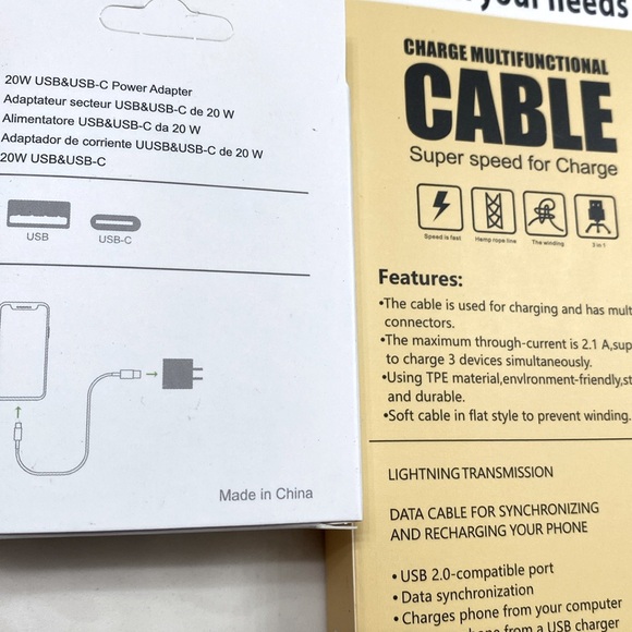 BUNDLE 1pc 3-In-1 Charging Cable Compatible & 20W USB & USB-C Power Adapter, NEW - Picture 7 of 8
